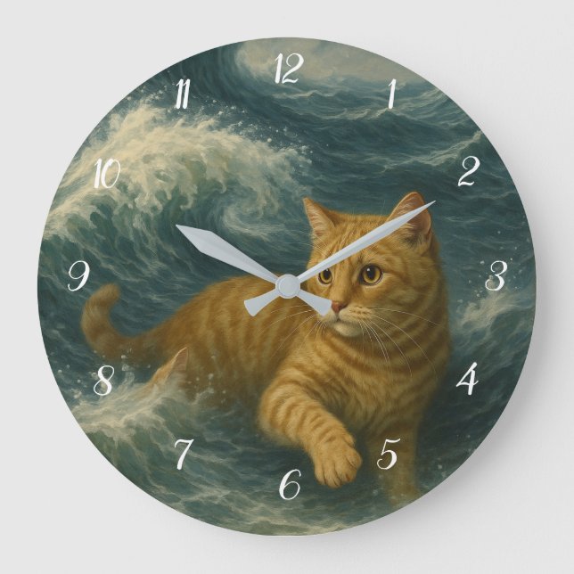 Brave Ginger Cat Riding Ocean Waves                Large Clock (Front)