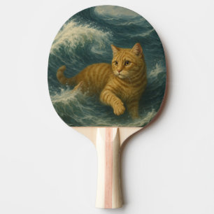 Brave Ginger Cat Riding Ocean Waves Ping Pong Paddle