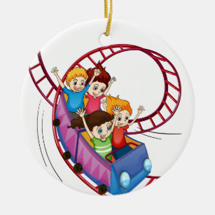 Brave kids riding in a roller coaster ride ceramic tree decoration