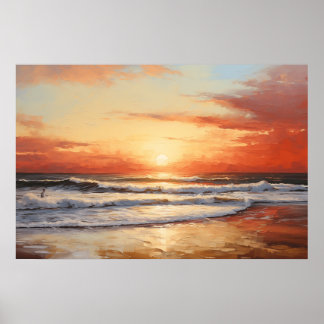 Braving the Surf at Dawn Oil Painting Poster