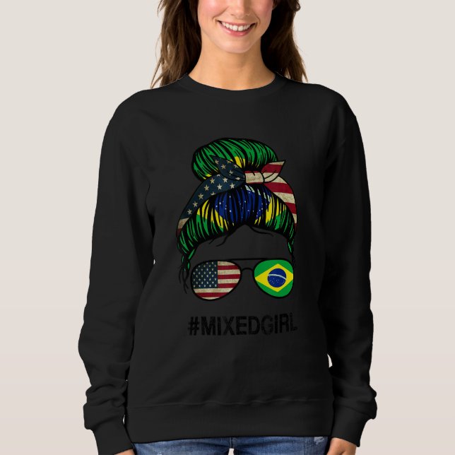 Brazil American Flag   USA Brazilian Messy Bun Sweatshirt (Front)