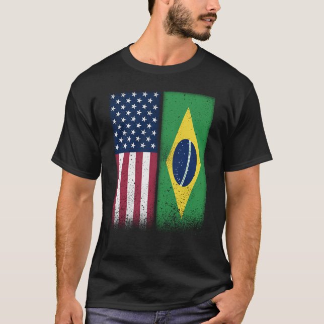 Brazil Brazilian American Flags Proud USA Brazil T-Shirt (Front)