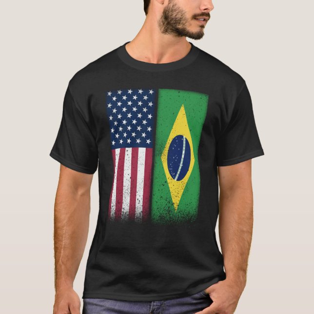 Brazil Brazilian American Flags Proud USA Brazil T-Shirt (Front)