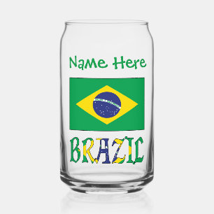 Brazil Brazilian Flag Green Personalised Name Can Glass