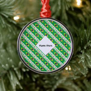 Brazil Brazilian Flag Tiled Personalised Name Metal Ornament