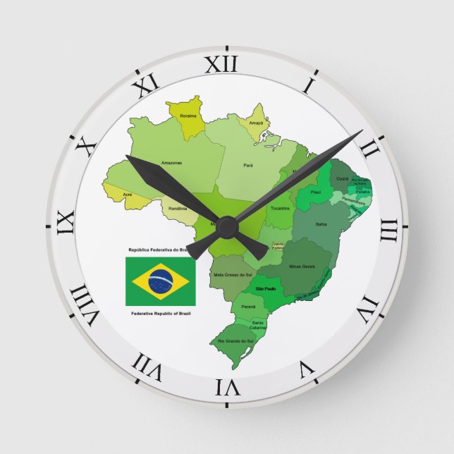 Brazil Flag and Political Map Round Clock (Front)