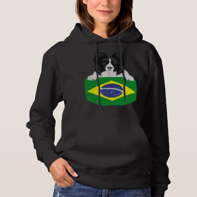 Brazil Flag Border Collie Dog In Pocket Hoodie (Front)