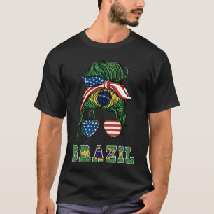 Brazil Flag Messy Bun USA Brazilian American Roots T-Shirt