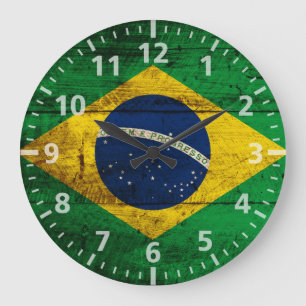 Brazil Flag on Old Wood Grain Large Clock