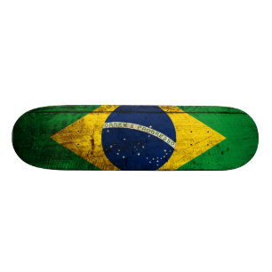 Brazil Flag on Old Wood Grain Skateboard