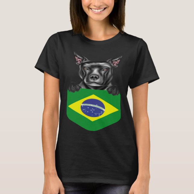 Brazil Flag Staffordshire Bull Terrier Dog In Pock T-Shirt (Front)