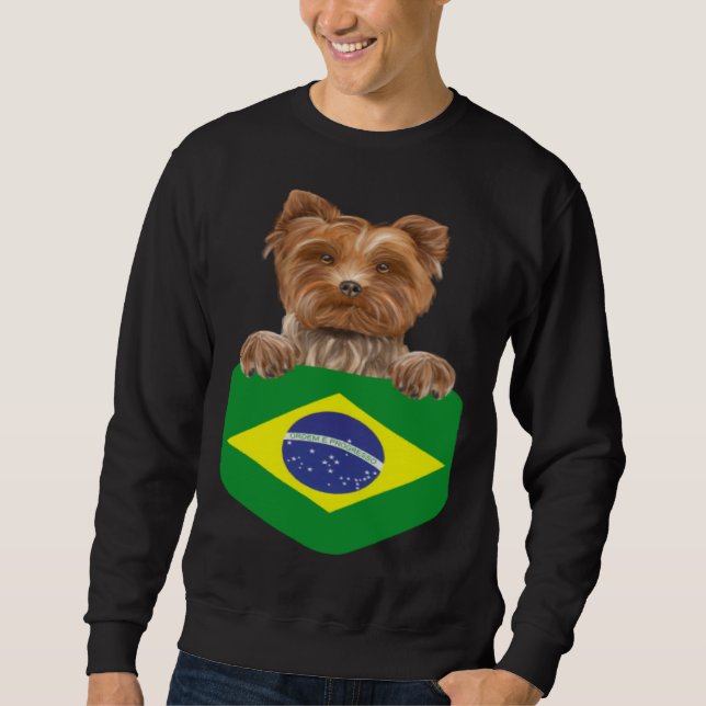 Brazil Flag Yorkshire Terrier Dog In Pocket Sweatshirt (Front)