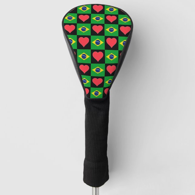 Brazil Golf Love Heart Pattern Patriotic Brazilian Golf Head Cover (Front)