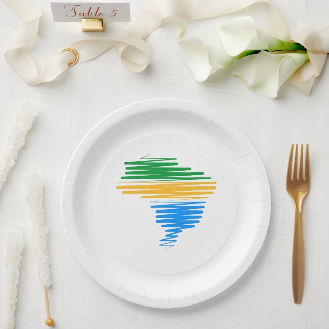 Brazil map border with brazilian flag colours paper plate (Wedding)