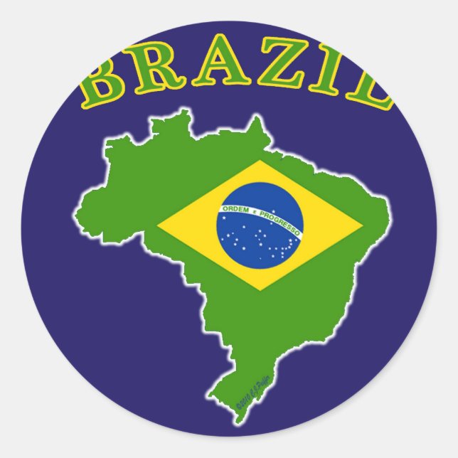 BRAZIL Map/Flag on Navy Background Classic Round Sticker (Front)