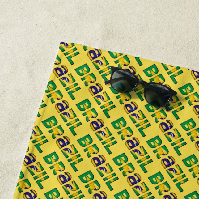 Brazil Typography Pattern Brazilian Flag Colours Beach Towel (In Situ)