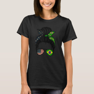 Brazil USA Flag Messy Bun Wife Mom Brazilian Amer T-Shirt