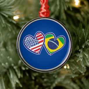 Brazil USA Love Hearts Metal Ornament