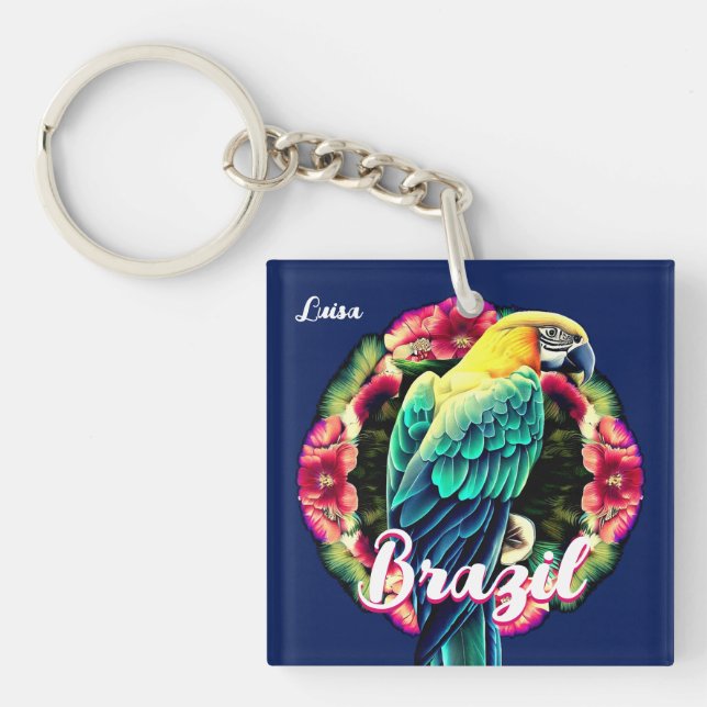 Brazil with Colourful Parrot T-Shirt Key Ring (Front)