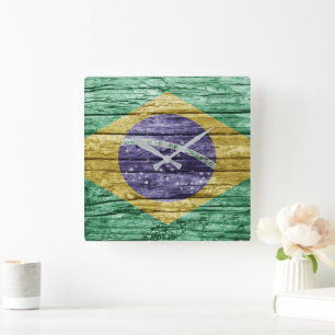 Brazil wooden flag square wall clock