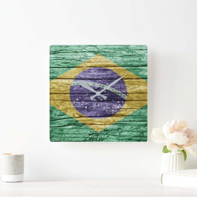 Brazil wooden flag square wall clock (Home)