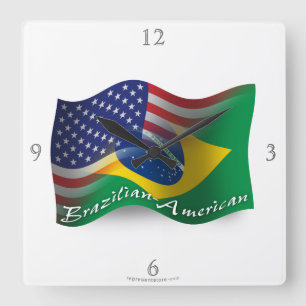 Brazilian-American Waving Flag Square Wall Clock