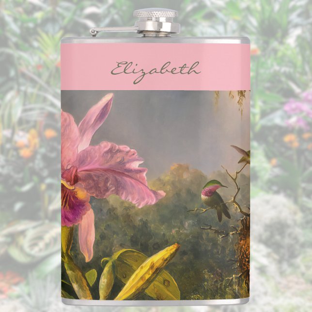 Brazilian Cattelya Orchid Hummingbird Monogrammed Hip Flask (Creator Uploaded)