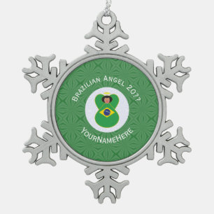 Brazilian Christmas Angel Flag Personalised  Snowflake Pewter Christmas Ornament