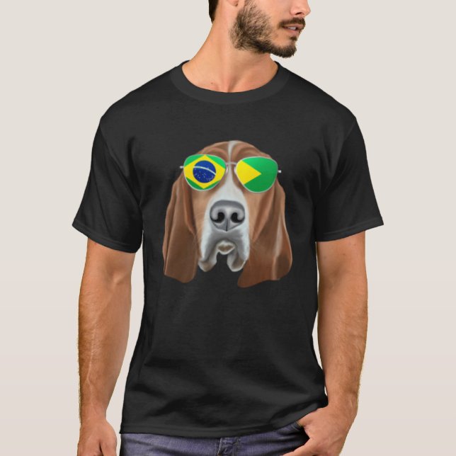 Brazilian Flag Basset Hound Dog Brazil Pocket T-Shirt (Front)