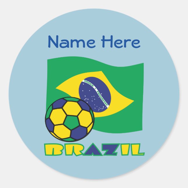 Brazilian Flag Soccer Ball Brazil Blue Personalise Classic Round Sticker (Front)