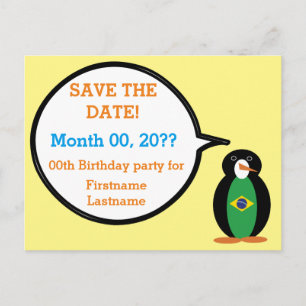 Brazilian Flag Talking Ms Penguin Personalised Announcement Postcard