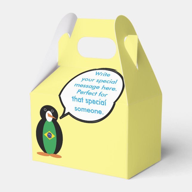 Brazilian Flag Talking Ms Penguin Personalised  Favour Box (Back Side)