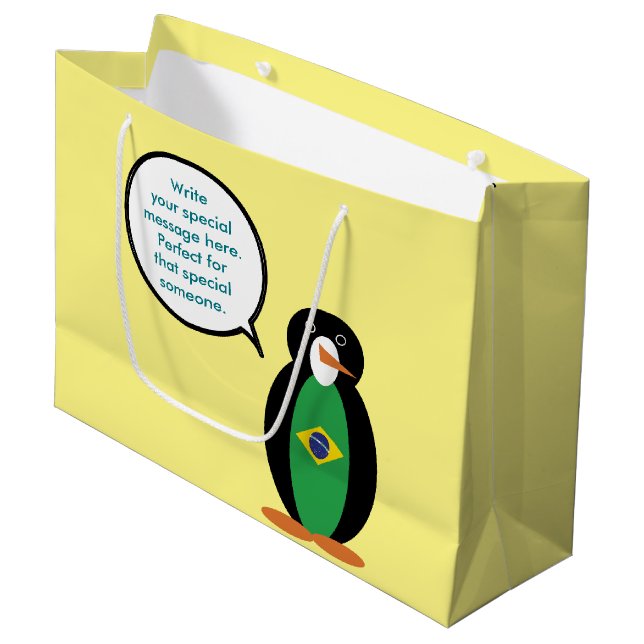 Brazilian Flag Talking Ms Penguin Personalised  Large Gift Bag (Front Angled)