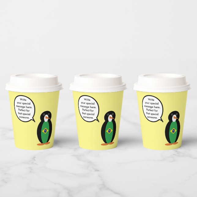 Brazilian Flag Talking Ms Penguin Personalised  Paper Cups (Multi)