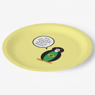 Brazilian Flag Talking Ms Penguin Personalised Paper Plate