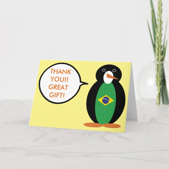 Brazilian Flag Talking Ms Penguin Personalised  Thank You Card (Front)