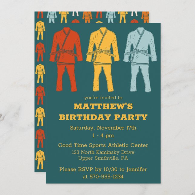Brazilian Jiu Jitsu Gi Graphic Teal Boys Birthday Invitation (Front/Back)