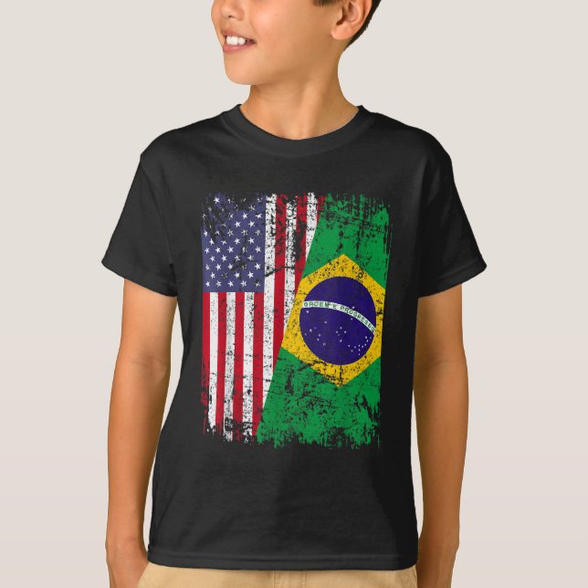 BRAZILIAN ROOTS Half American Flag BRAZIL T-Shirt (Front)