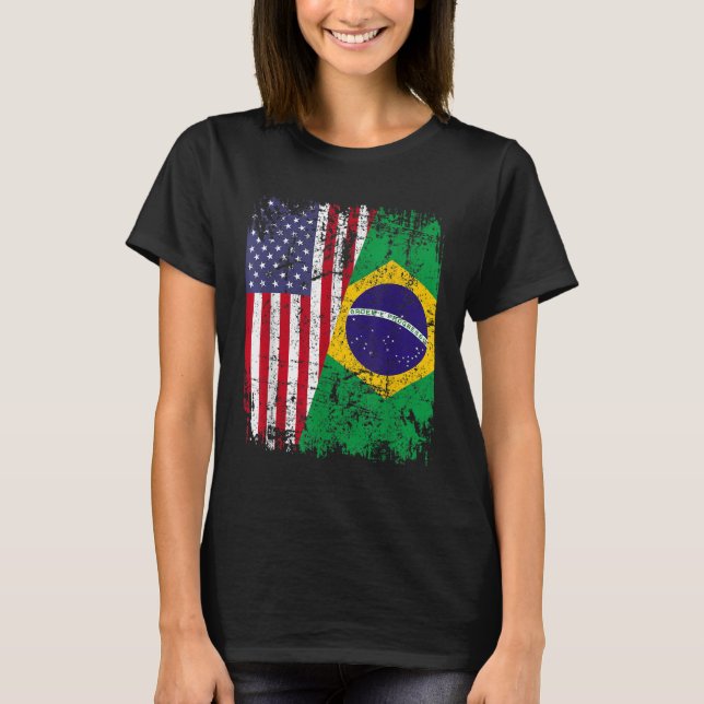 BRAZILIAN ROOTS Half American Flag BRAZIL T-Shirt (Front)