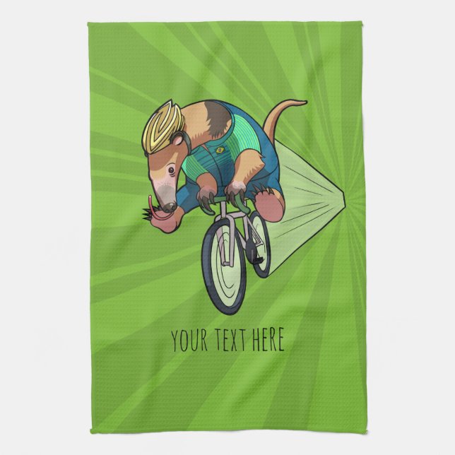 Brazilian Tree Anteater Riding A Bicycle Cartoon Tea Towel (Vertical)
