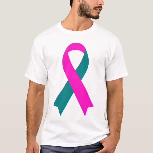 BRCA 1 & 2 Pink & Teal Awareness Ribbon T Shirt (Front)