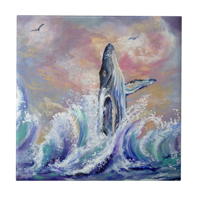 Breaching Hawaiian Humpback Whale Ceramic Tile (Front)