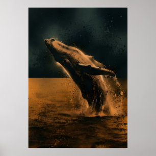 Breaching Humpback Whale Bronze Ocean Art Poster