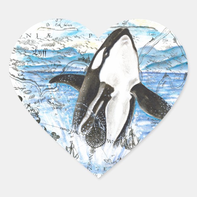 Breaching Orca Ancient Map Heart Sticker (Front)