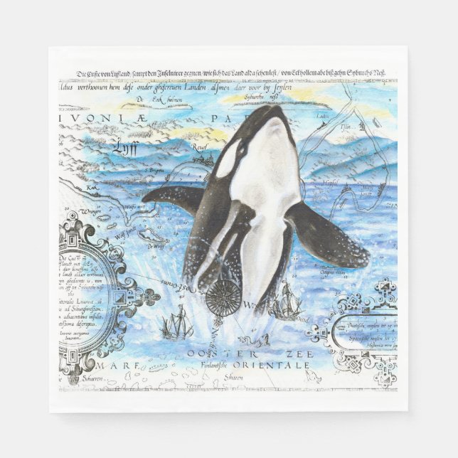 Breaching Orca Ancient Map Napkin (Front)