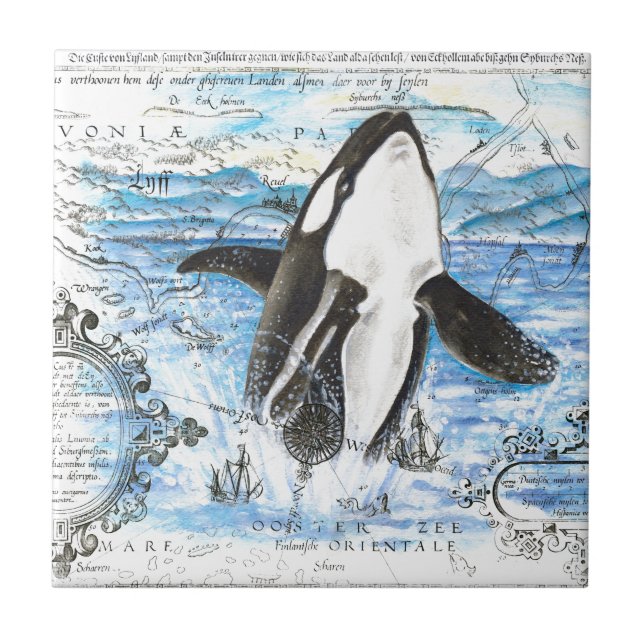 Breaching Orca Ancient Map Tile (Front)