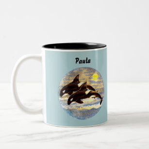 Breaching Orca, Killer Whales Watercolors/ Sunset Two-Tone Coffee Mug