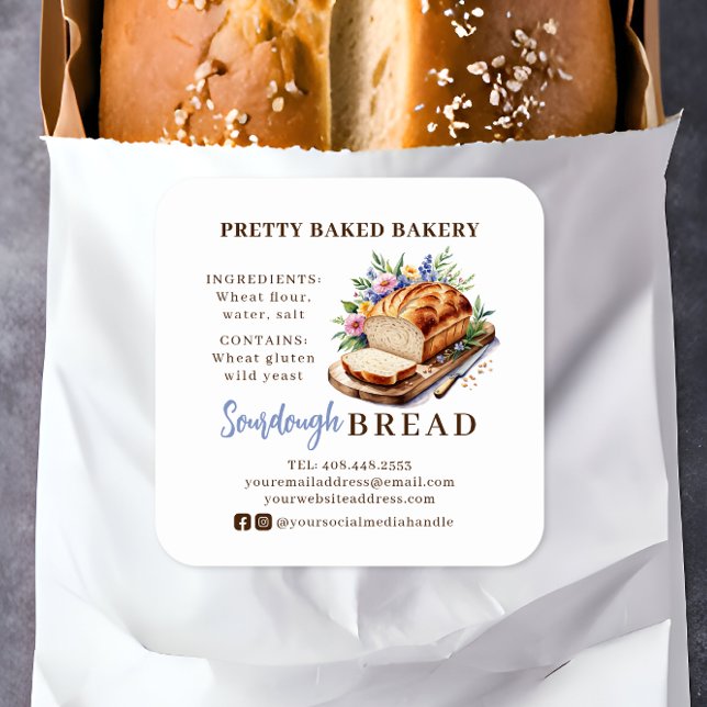 Bread Bakery Watercolor Ingredients & Allergens Square Sticker (Creator Uploaded)