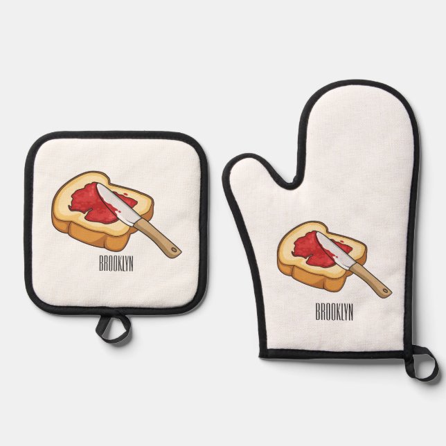 Bread & jam cartoon illustration  oven mitt & pot holder set (Front)