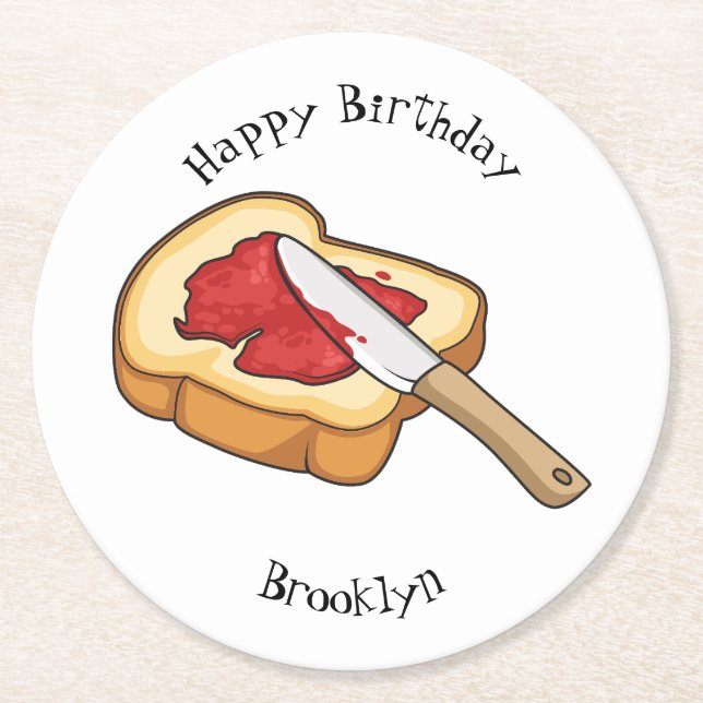 Bread & jam cartoon illustration round paper coaster (Front)